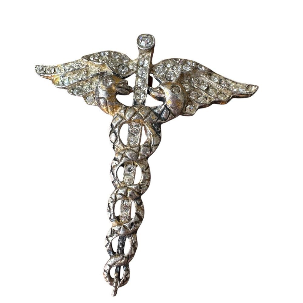 VTG‎ Pin Brooch WWI US Army Medical Corp 1.75 Inch Rhinestones 925 Sterling 7.8g